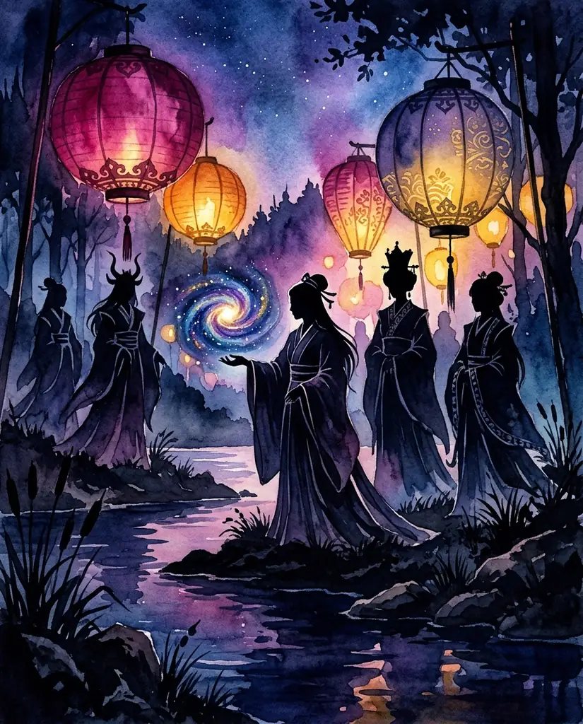 Silhouettes of festival spirits
